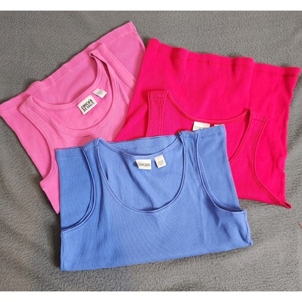 Lot Of 3 Chico's Ribbed Scoop Neck Tank Top Pink Blue Berry Size 1 Cotton Medium